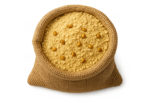 Burlap sack containing golden yellow corn flour with scattered whole kernels, depicting grinding, harvest, and cooking ingredients. Transparent background