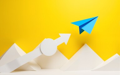 Business concept for new ideas creativity, innovative solution and Leadership concept with blue paper plane leading among white on yellow background. High quality