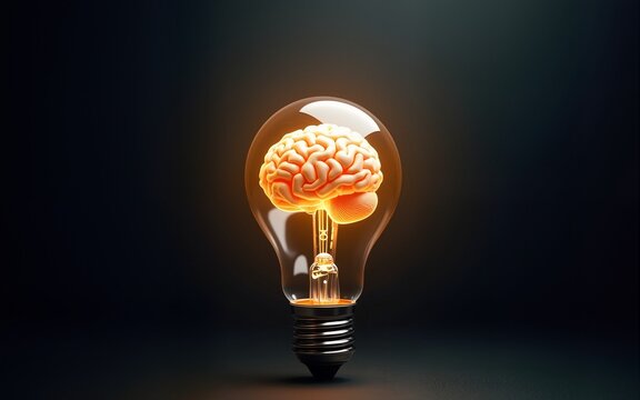 A symbolic representation of great ideas and creativity, featuring a glowing brain inside a lightbulb placed against a dark background. High quality