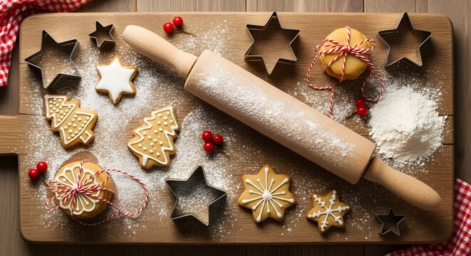Overhead shot of christmas baking scene with cookies, rolling pin, and starshaped cutters on a wooden board, creating a warm and festive holiday atmosphere - Powered by Adobe