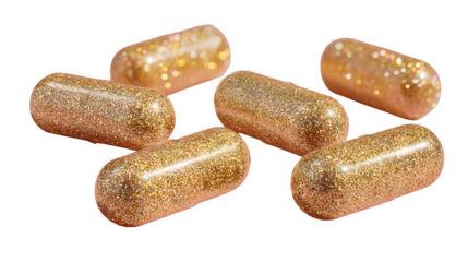 Golden capsule pills, glittering texture, isolated on transparent background