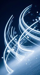 Abstract swirling glowing light streaks and bokeh particles on a dark blue background.