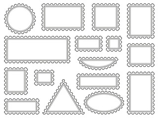 Blank postage stamps set. Stickers of various shapes with torn edges. Black frame outline. Stamp template for letter or parcel, vector graphics
