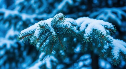 Close up of a snow covered fir tree branch in a winter forest.