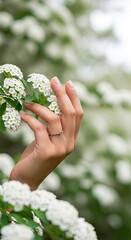 Delicate female hand with a ring gently touching a cluster of white spirea flowers in a spring garden.