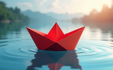 Origami red paper boat floating and cut a paper at the same time, Success leadership concept. High quality