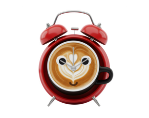 A close-up of a vintage red alarm clock with a frothy black coffee cup face, set against a white background, viewed from a low angle, front perspective.
