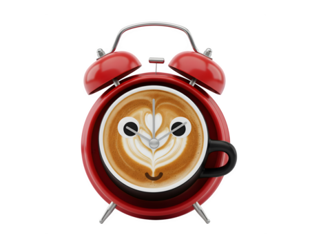 A close-up of a vintage red alarm clock with a frothy black coffee cup face, set against a white background, viewed from a low angle, front perspective.
