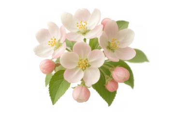 Apple blossom sprig with soft pink flowers and green leaves, symbolizing spring and new beginnings, on transparent background