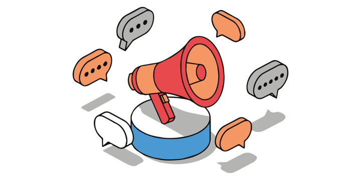 Voice Amplified: A megaphone rests atop a platform, surrounded by speech bubbles, symbolizing the power of communication.