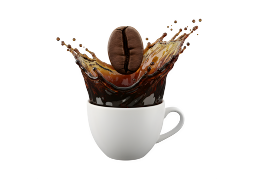 A coffee bean splashed with black coffee from White Cup, clipping path, 3D illustration

