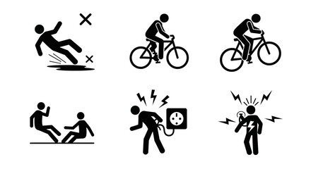 Accident pictogram man icon. Slipping fall, bike accident, electric shock pictogram sign set. Warning, danger icon stick man vector illustration
