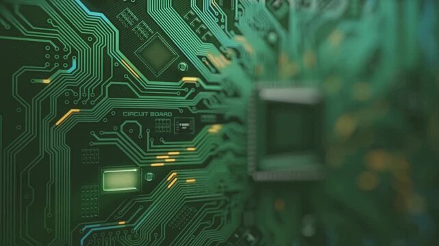 microelectronics circuits board. Artificial intelligence data computing chip. a complex circuit lights, simulating rhythmic pulse of system activity.