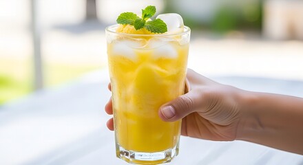 Refreshing yellow fruit smoothie with mint and ice in a hand