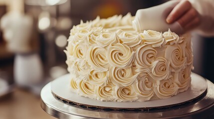 The process of decorating a cake, with a piping bag creating intricate buttercream rosettes on a multi-layered sponge cake, on a rotating cake stand, creative and precise, clean background