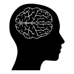 Black Silhouette Profile of Human Head Showing Detailed White Outline of Brain Anatomy Isolated on White Background
