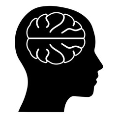 Black Silhouette Head Profile with White Outline of Human Brain Inside for Psychology Concepts