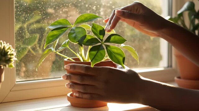 A person's hands gently caring for a small houseplant in a pot on a windowsill. Indoor gardening with warm golden sunlight. Nurturing and self-care concept