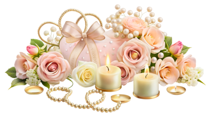 Elegant arrangement of roses, pearls, and candles creates a romantic and serene atmosphere for wedding invitations, anniversary cards, or heartfelt greetings