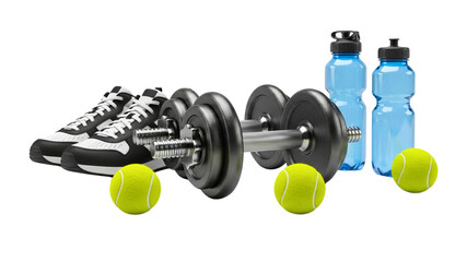 Elevate your fitness journey with premium dumbbells, athletic shoes, tennis balls, and hydration bottles for a vibrant, energetic workout routine today