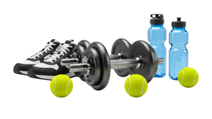 Elevate your fitness journey with premium dumbbells, athletic shoes, tennis balls, and hydration bottles for a vibrant, energetic workout routine today