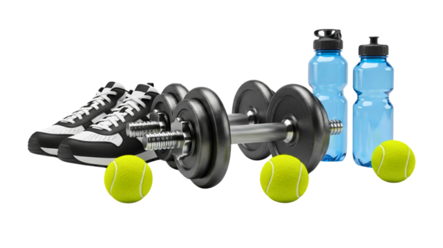 Elevate your fitness journey with premium dumbbells, athletic shoes, tennis balls, and hydration bottles for a vibrant, energetic workout routine today