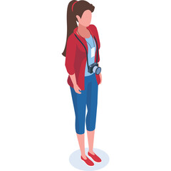 A Young Woman With A Camera Around Her Neck Wearing A Red Jacket Blue Pants And Red Shoes Standing On A Blue Circle With A Transparent Background