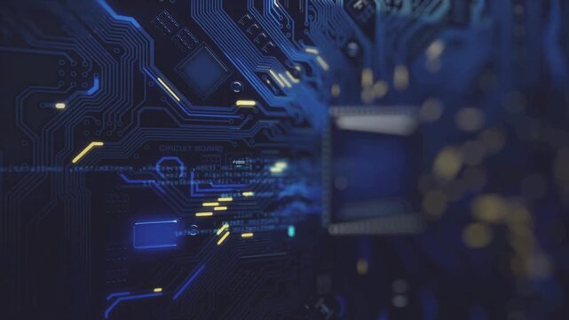 animation of High technology circuit board with glowing blue lines. flat microelectronics circuits board. Artificial intelligence data computing chip.