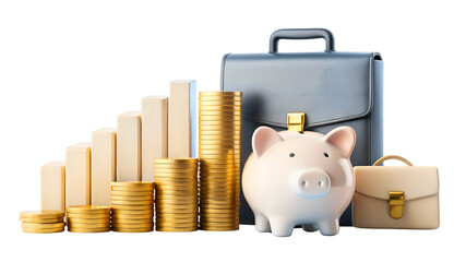 Smart financial strategy and business investment, stack coins, piggy bank, and briefcase symbolizing success, growth, and future wealth management