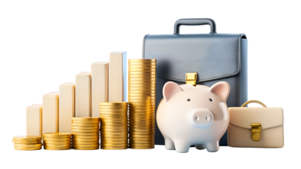 Smart financial strategy and business investment, stack coins, piggy bank, and briefcase symbolizing success, growth, and future wealth management