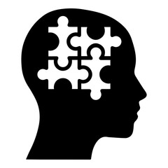 Silhouette of Human Head with Four Connected Puzzle Pieces Symbolizing Thinking Problem Solving and Psychology Concept