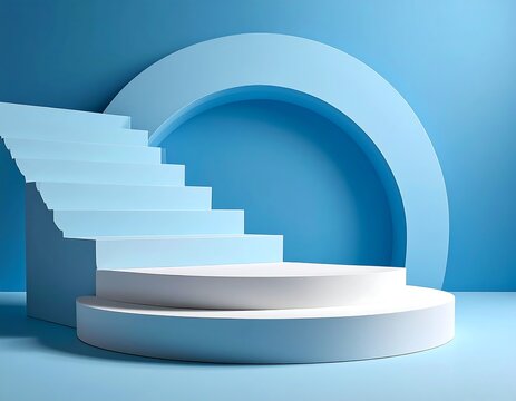 Modern abstract blue staircase and circular platform on a gradient background
