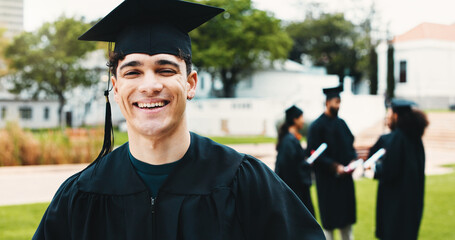 Laugh, graduation and portrait of man outdoor for university success, achievement and milestone....