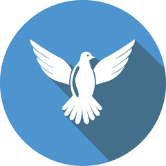 A White Dove Icon With Open Wings And Shadow On A Blue Circular Background With Long Shadow Effect