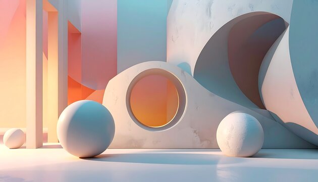 Modern architectural abstract with spheres and soft pastel lighting