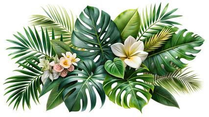 Lush tropical foliage with monstera leaves and delicate plumeria flowers create a vibrant island vibe, perfect for summer designs and exotic themes.