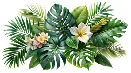 Lush tropical foliage with monstera leaves and delicate plumeria flowers create a vibrant island vibe, perfect for summer designs and exotic themes.
