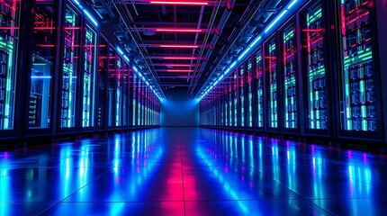 Modern server room with rows of computer cabinets and neon lights reflecting on floor