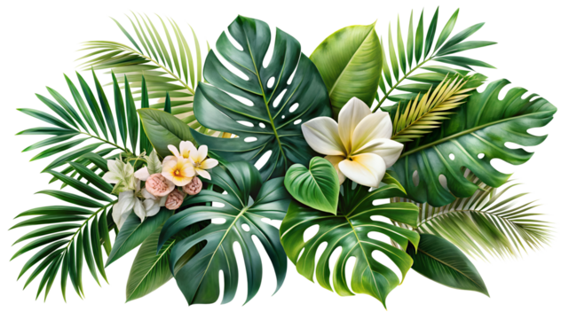 Lush tropical foliage with monstera leaves and delicate plumeria flowers create a vibrant island vibe, perfect for summer designs and exotic themes.
