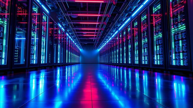 Modern server room with rows of computer cabinets and neon lights reflecting on floor