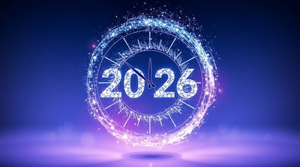New year 2026 sparkling clock illustration with abstract digital neon style