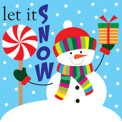 Cute snowman with let it snow text for Christmas card, gift bag or box design
