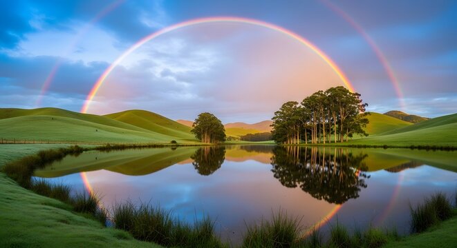 Stunning double rainbow arching over a tranquil pond reflecting rolling green hills and a small cluster of trees. Peaceful idyllic nature landscape.