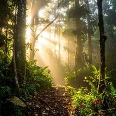 Naklejka premium Lush forest path, sun rays piercing through the trees, creating a mystical atmosphere