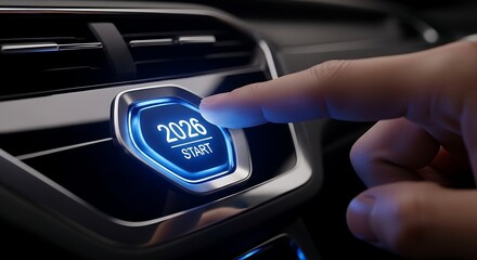 Finger presses glowing blue '2026 start' button on futuristic car dashboard, symbolizing new year, innovation, and technological progress