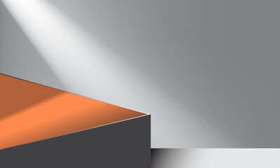 The corner of a paperboard on a gray wall is illuminated by a diagonal line of light. for product placement background. vector illustration