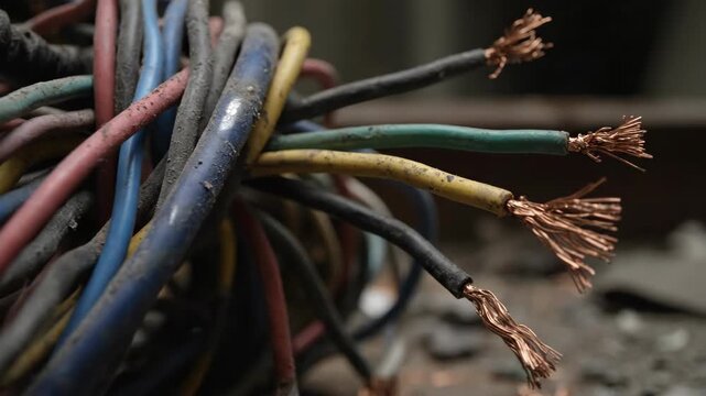Tangled bundle of old electrical wires with exposed copper. Close-up of scrap metal and e-waste for recycling. Industrial decay and technology concept