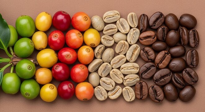 Coffee bean progression from green cherry to roasted bean