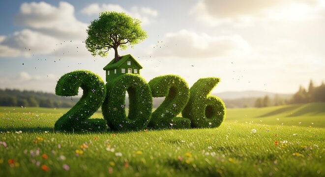 Eco-friendly 2026 concept with green numbers, a house, and a tree on a vibrant meadow under a bright blue sky