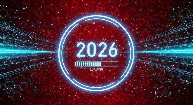 Year 2026 loading screen: digital network connections, futuristic data transfer, and technological advancement progress on abstract background.